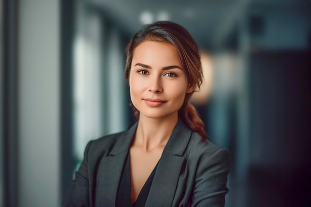 Photo une femme d'affaires caucasienne souriante en costume d'affaires dans un bureau