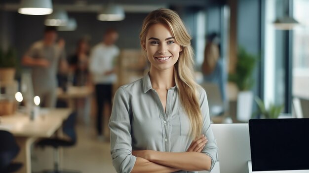 Une femme d'affaires compétente et souriante dans son bureau.