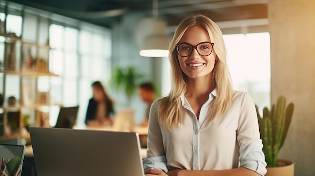 Une femme d'affaires compétente et souriante dans son bureau.