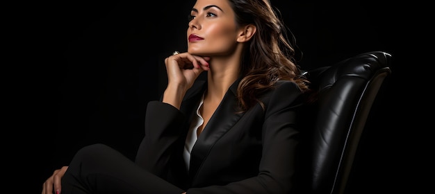 Photo une femme d'affaires confiante en costume noir assise dans un fauteuil confortable avec les bras croisés et regardant