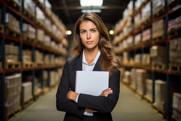 Une femme d'affaires confiante debout avec un bloc-notes dans un entrepôt de distribution