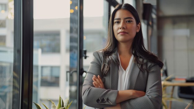 Une femme d'affaires confiante debout avec les bras croisés dans un bureau moderne