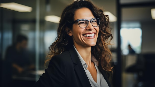 Femme d'affaires confiante avec des lunettes riant dans son bureau