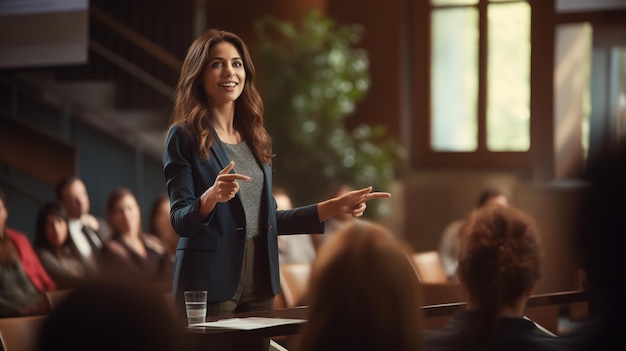 Une femme d'affaires confiante présentant une présentation d'entreprise lors d'un séminaire ou d'une conférence