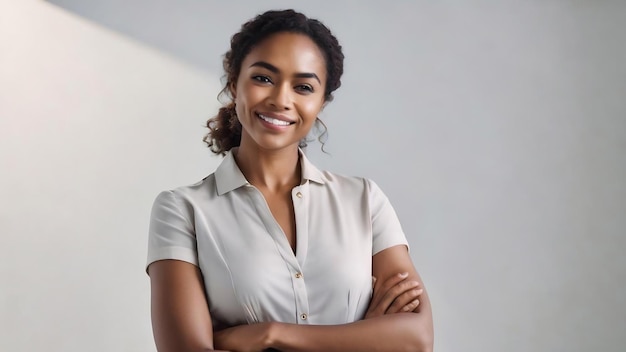 Une femme d'affaires confiante et professionnelle croise les bras sur la poitrine, regardant la caméra avec confiance et souriant.