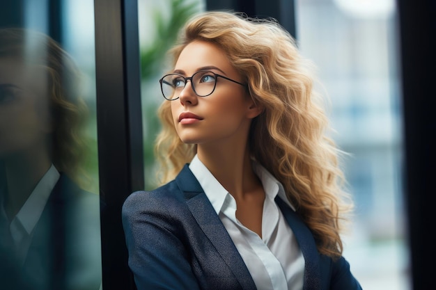 Une femme d'affaires contemplative à la fenêtre de son bureau