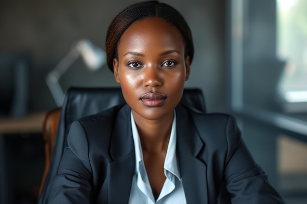 Une femme d'affaires en costume assise à son bureau.