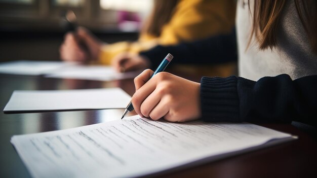 une femme d'affaires en costume blanc écrivant un contrat sous la forme d'un stylo