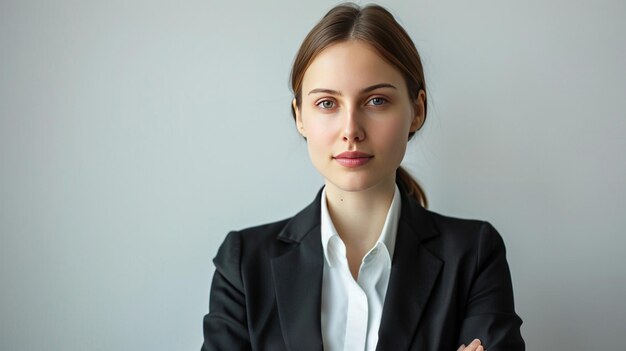 Une femme d'affaires en costume pose pour un portrait professionnel.