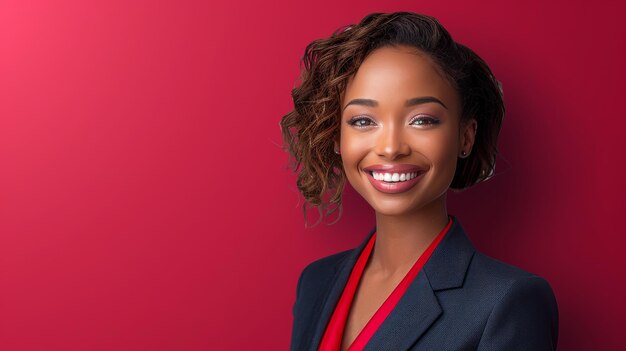 Une femme d'affaires en costume sourit et pose pour une photo