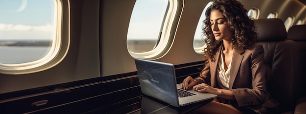 femme d'affaires dans un avion utilisant une bannière d'ordinateur portable IA générative