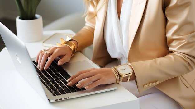 Une femme d'affaires dans un blazer doré travaillant sur son ordinateur portable