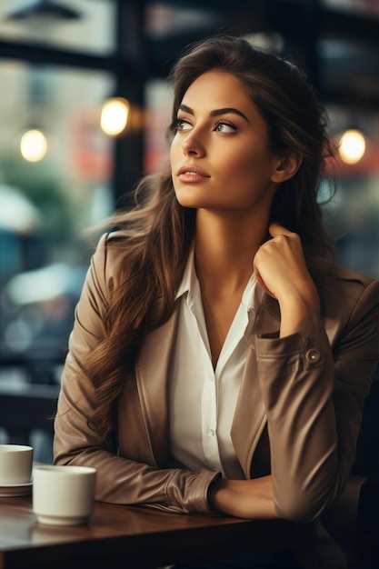 Une femme d'affaires dans un café les mains sur le cou