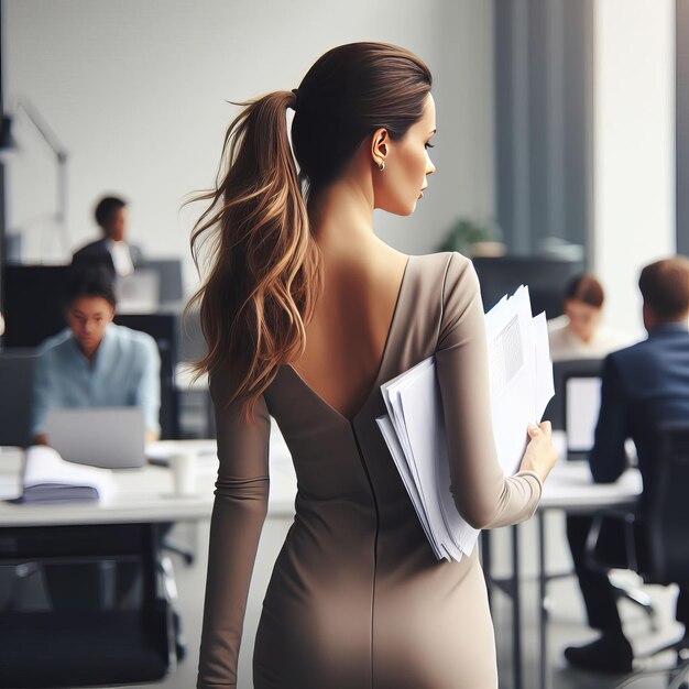 Une femme d'affaires dans un costume d'affaires marche à travers le bureau d'un centre d'affaires avec des documents dans sa main vue de l'arrière