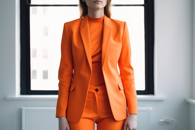 Une femme d'affaires dans une suite orange au bureau.