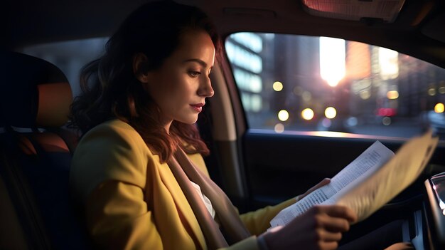 Photo une femme d'affaires dans un taxi qui examine des documents.