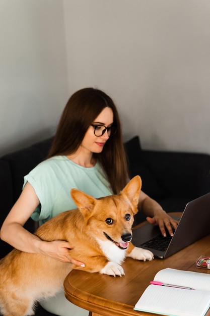 Femme d'affaires dans des verres travaillant sur un ordinateur portable en ligne et câlin Corgi dog Spécialiste informatique fille travaillant à distance et caressant son chien avec Welsh Corgi Pembroke Lifestyle avec animal domestique à la maison