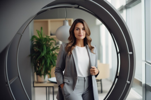 Une femme d'affaires debout dans un costume gris au bureau