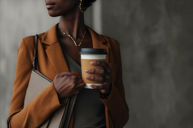 Une femme d'affaires avec du café et des fichiers.