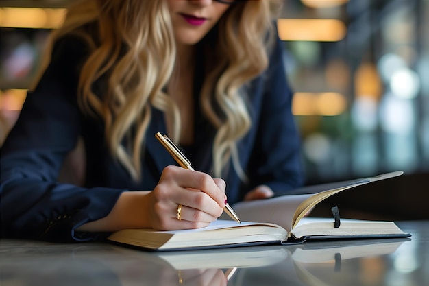 Photo une femme d'affaires écrit sur un bloc-notes ouvert