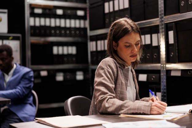 Femme d'affaires écrivant un rapport d'entreprise, travaillant tard dans la nuit au dossier administratif, analysant des documents de comptabilité dans la salle d'archivage. Dépositaire vérifiant la recherche comptable