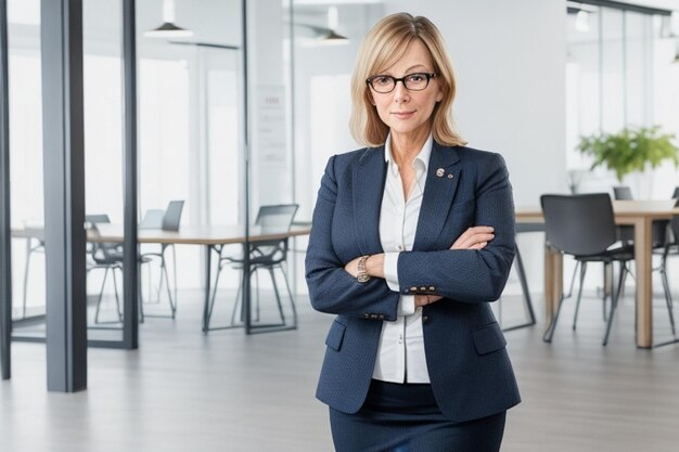 Femme d'affaires élégante d'âge moyen debout avec les mains croisées sur fond d'espace de coworking