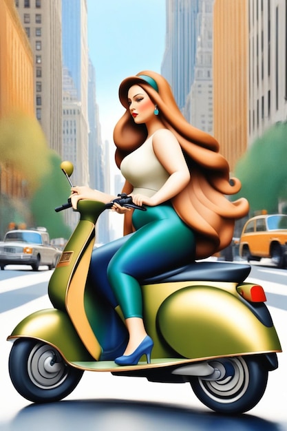 femme d'affaires élégante et courbée conduisant un scooter électrique dans l'illustration du centre-ville