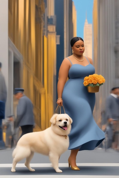 femme d'affaires élégante et courbée marchant avec un chien dans l'illustration du centre-ville