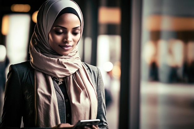 Femme d'affaires élégante portant le hijab avec un smartphone à la mainxA