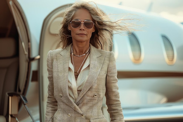 Une femme d'affaires élégante sortant d'un jet privé.