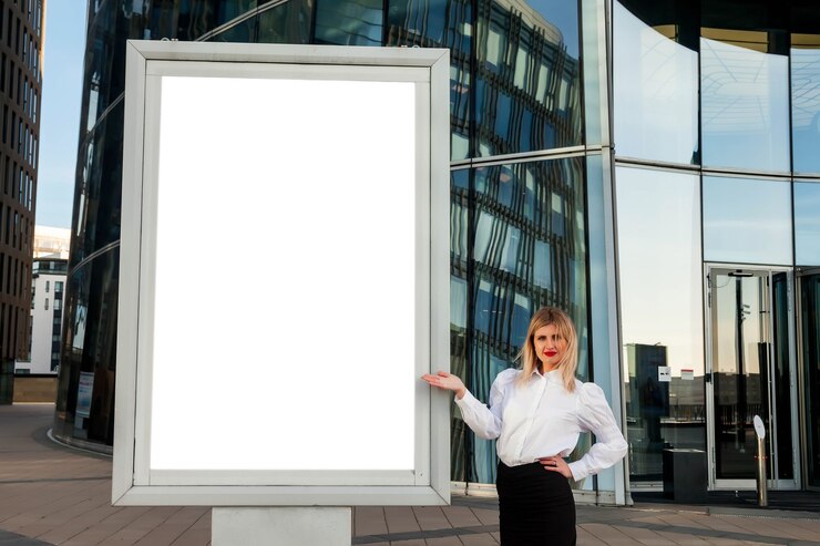 Photo femme d'affaires élégante en ville montrant le panneau d'affichage