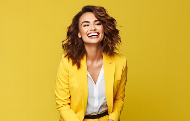 Photo une femme d'affaires énergique exhale le bonheur en portant une tenue vibrante et en souriant contre un solide audacieux.