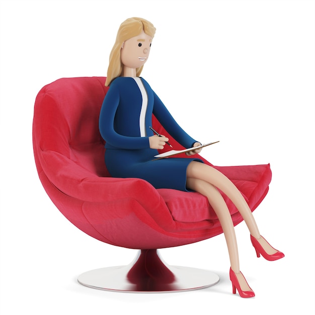 La femme d'affaires est assise dans un beau fauteuil rouge. Illustration 3D en style cartoon.