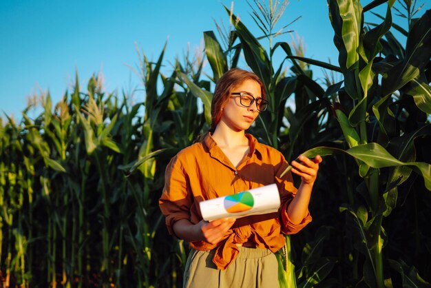 Photo une femme d'affaires examine la qualité du champ de maïs avant la récolte agriculture technologies modernes