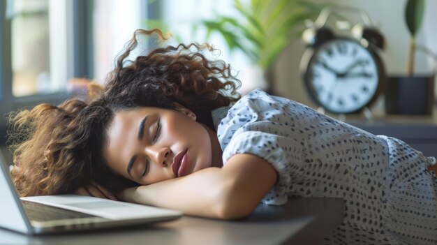 Une femme d'affaires fatiguée dormant sur un ordinateur portable avec une horloge en arrière-plan