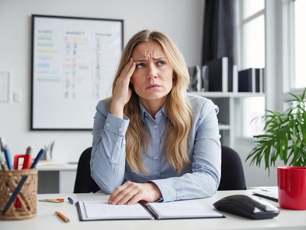 Femme d'affaires fatiguée utilisant un ordinateur portable au bureau Maux de tête, fatigue, épuisement au travail