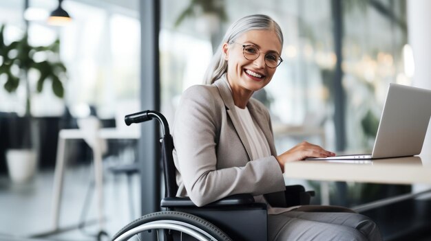 Femme d'affaires en fauteuil roulant avec des amis du groupe dans le bureau blanc moderne en Amérique