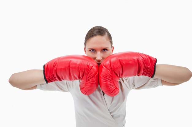 Femme affaires, à, gants boxe