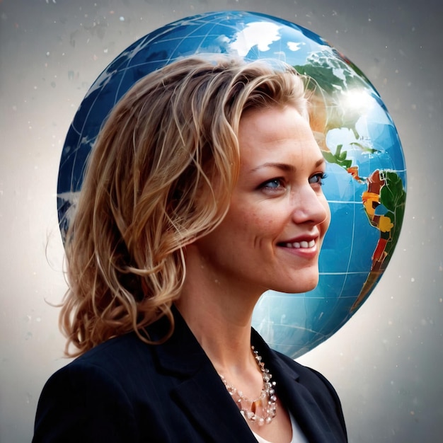 Photo femme d'affaires avec le globe du monde des affaires internationales et du commerce