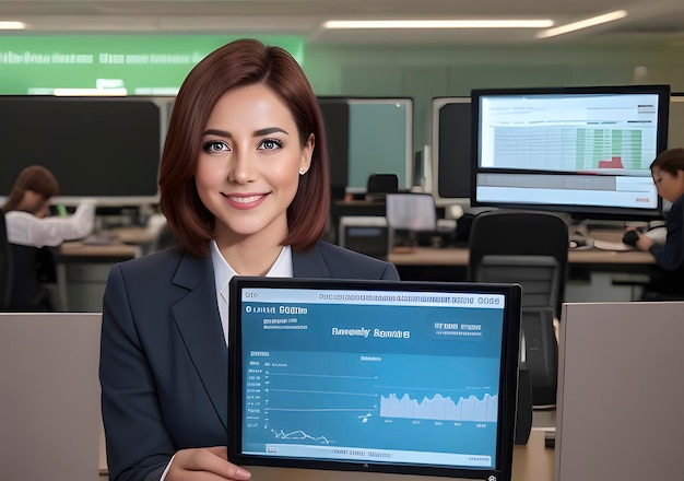 Femme d'affaires avec des graphiques boursiers en arrière-plan IA générative