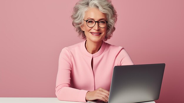 Une femme d'affaires grise d'âge moyen heureuse souriante travaillant sur un ordinateur portable dans un bureau en plein air rose