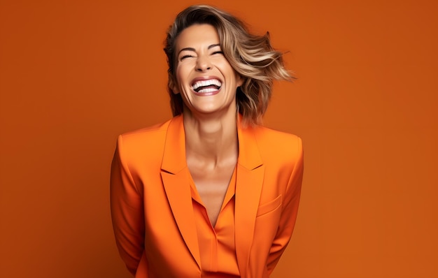 une femme d'affaires heureuse de 40 ans qui sourit et rit en portant des vêtements brillants sur un fond orange