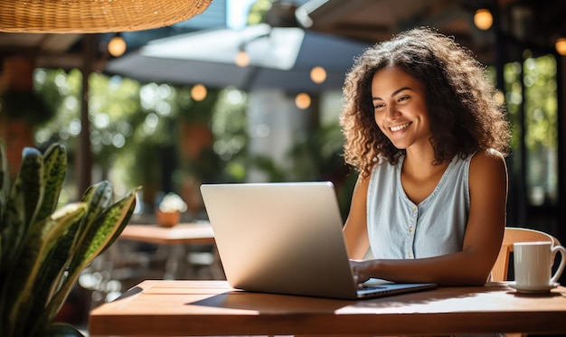 Une femme d'affaires heureuse au restaurant Terrace avec un ordinateur portable