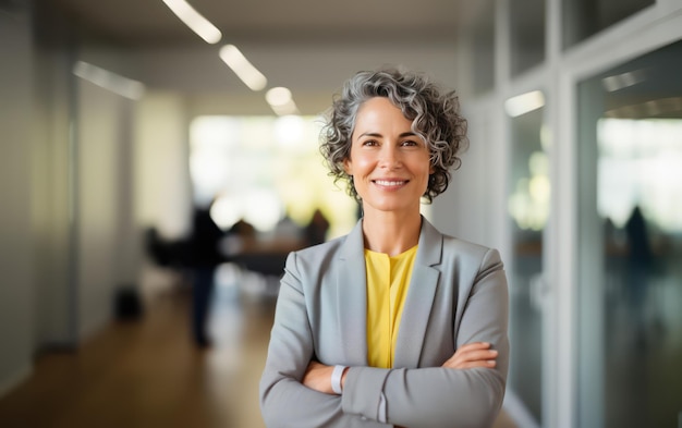 Une femme d'affaires heureuse et confiante avec un passé de bureau.