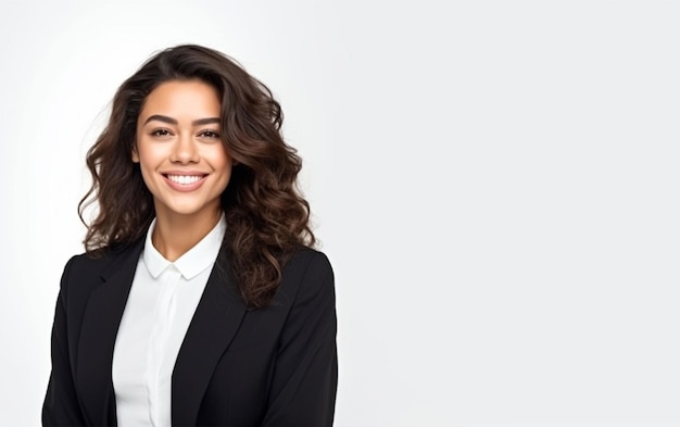 Une femme d'affaires heureuse debout avec les bras croisés.