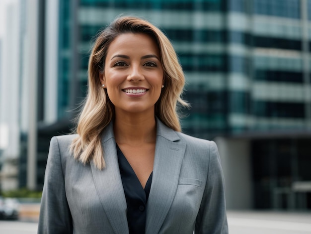 Une femme d'affaires heureuse exhalant de la confiance dans un environnement d'entreprise