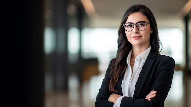 Une femme d'affaires heureuse montre la confiance et le charisme de finfluencer avec l'IA générative