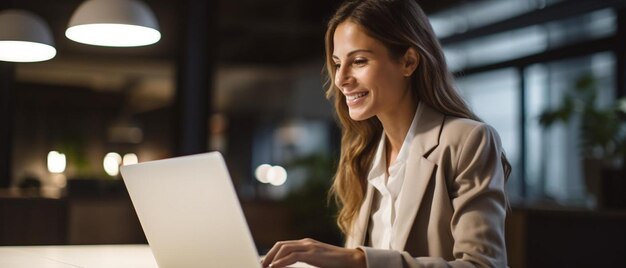 Une femme d'affaires heureuse à la recherche d'une carte de crédit par ordinateur portable dans un bureau de loft