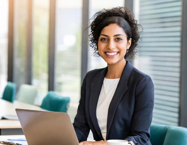 Une femme d'affaires heureuse souriante dans la salle de réunion du bureau avec un ordinateur portable