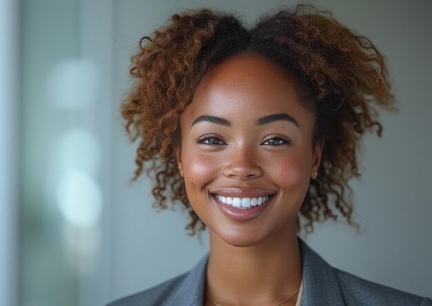 femme d'affaires heureuse souriante femme afro en costume fond propre